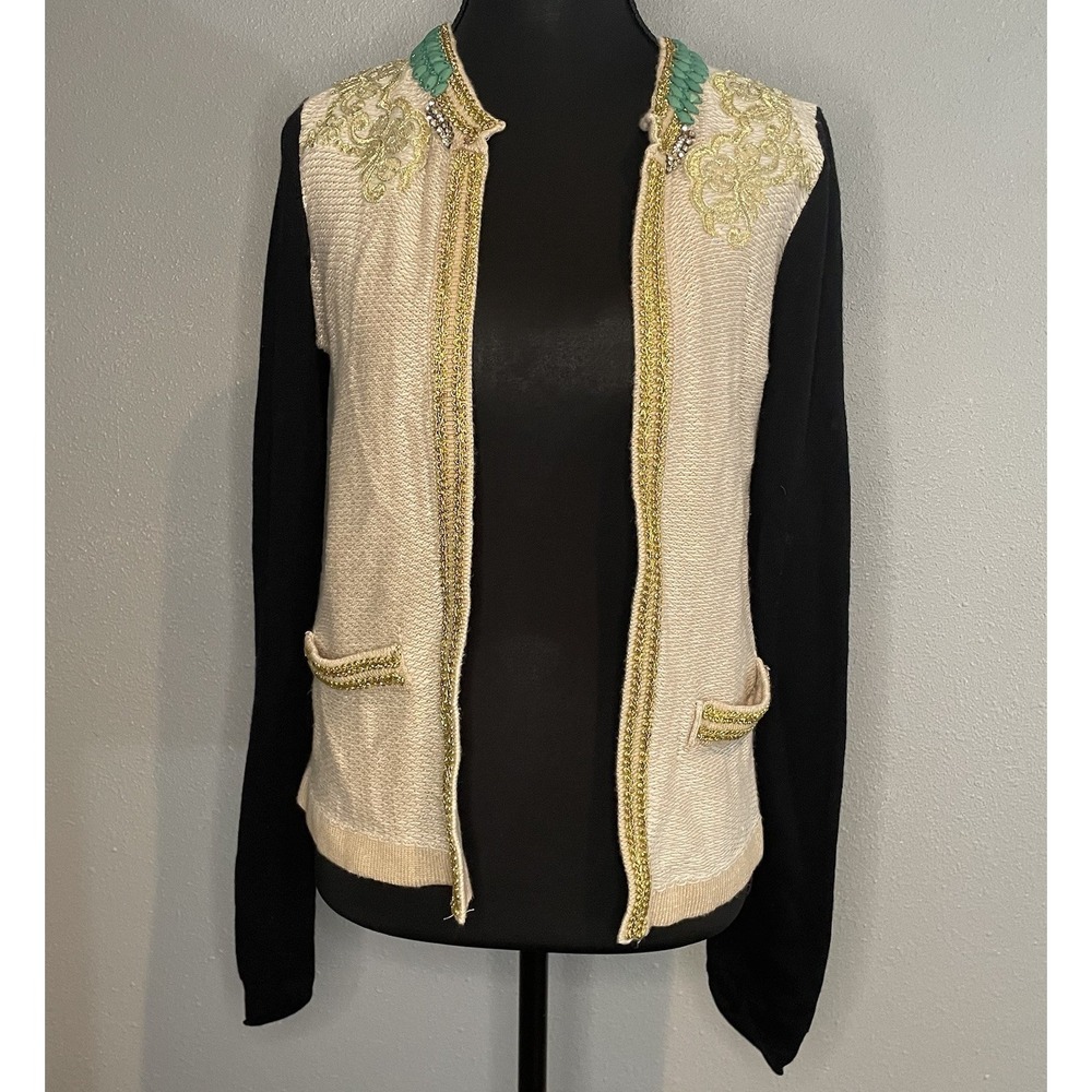 BKE Boutique Cream and Gold Embellished Cardigan Sweater‎ Vest Size Small